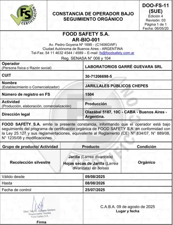 Constancia de operador bajo seguimiento orgánico