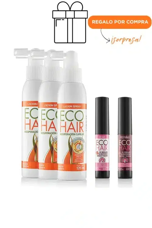 Kit 3 Lociones Spray Recuperación Capilar ECOHAIR x 125 ml + 1 Gel Modelador Cejas + 1 Gel Modelador Pestañas + Regalo