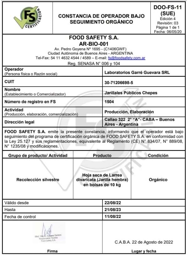 Constancia de operador bajo seguimiento orgánico