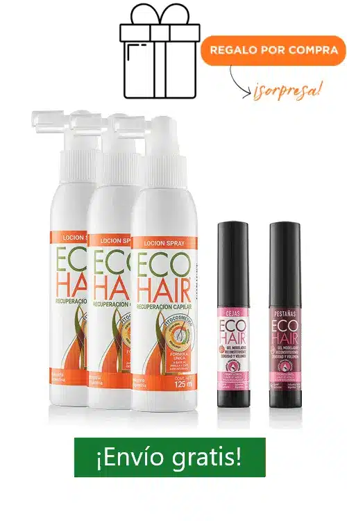 Kit 3 Lociones Spray Recuperación Capilar ECOHAIR x 125 ml + 1 Gel Modelador Cejas + 1 Gel Modelador Pestañas + Envío gratis + Regalo