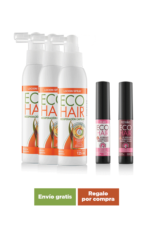 Kit 3 Lociones Spray Recuperación Capilar ECOHAIR x 125 ml + 1 Gel Modelador Cejas + 1 Gel Modelador Pestañas + Envío gratis + Regalo